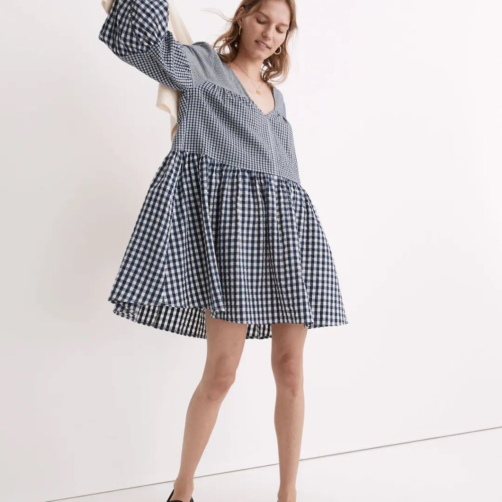 Women's Madewell Seersucker V-Neck Mini Dress in Gingham Check XL